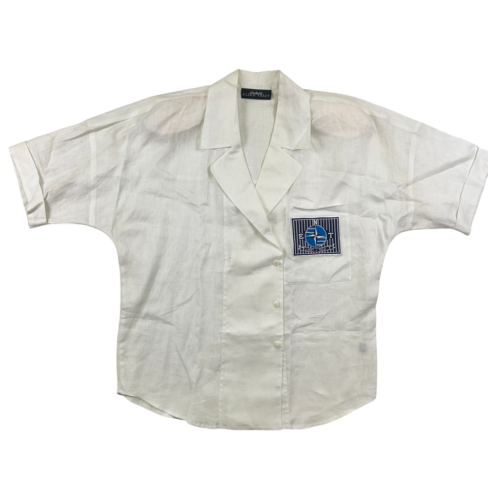 Vintage Ellen Tracy Shirt Womens Size 12 Linen Short Sleeve Button Up Blouse